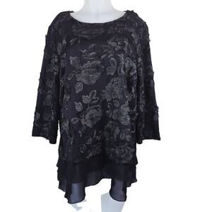 Chico's Black Label Embroidered Floral Lined Ruffle Hem Womens Blouse 3-L-16 NWT